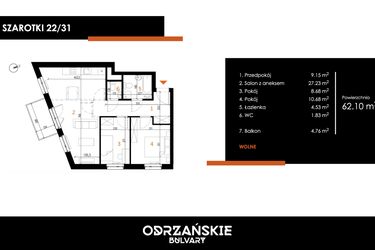 Rzut - Mieszkanie na sprzedaż 3 pokoje o powierzchni 62,1 m² - numer 22/31 w Odrzańskie Bulvary