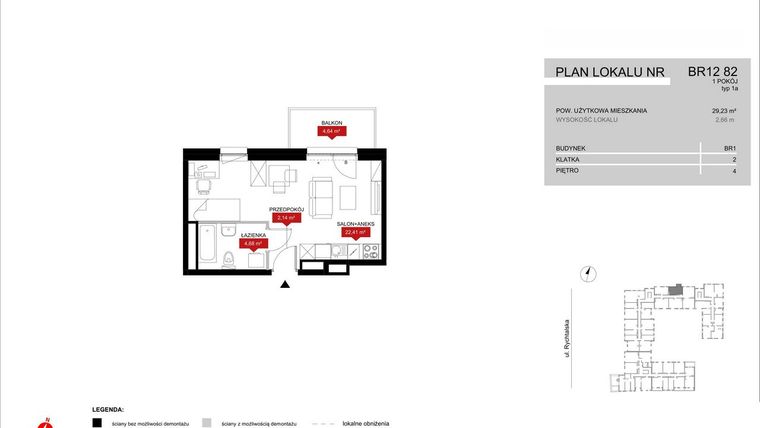 Rzut - Mieszkanie na sprzedaż 1 pokój o powierzchni 29,23 m² - numer BR12/82 w Browary Wrocławskie 2