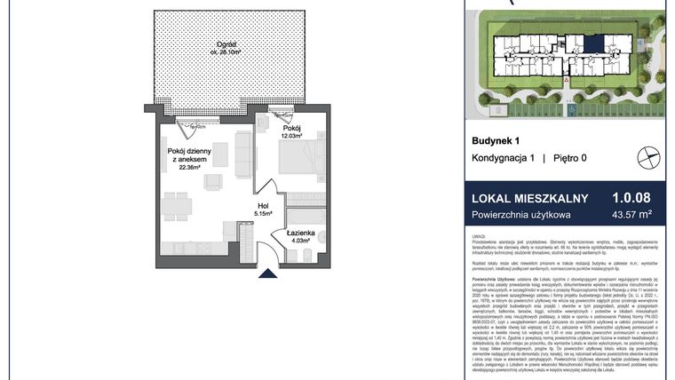 Rzut - Mieszkanie na sprzedaż 2 pokoje o powierzchni 43,57 m² - numer 1.0.08 w Rytelska