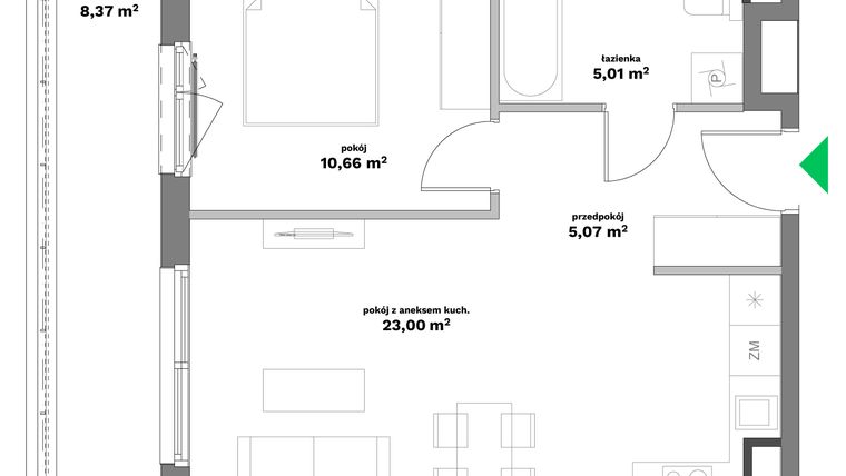 Rzut - Mieszkanie na sprzedaż 2 pokoje o powierzchni 43,74 m² - numer B2-35 w Forma Otwarta etap II