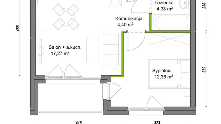 Rzut - Mieszkanie na sprzedaż 2 pokoje o powierzchni 38,36 m² - numer E2/F/17 w Orawska Vita