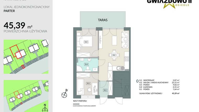 Rzut - Mieszkanie na sprzedaż 3 pokoje o powierzchni 45,39 m² - numer D3.1 w Gwiazdowo II