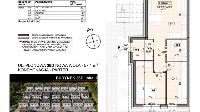 Rzut - Mieszkanie na sprzedaż 3 pokoje o powierzchni 57,1 m² - numer 36D/1 w Zespół willowy Zielona Polana - etap 6