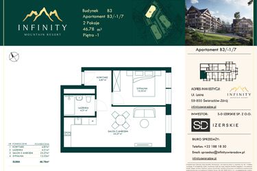 Rzut - Mieszkanie na sprzedaż 2 pokoje o powierzchni 46,78 m² - numer B3.-1.7 w Infinity Mountain Resort