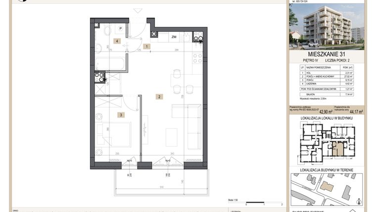Rzut - Mieszkanie na sprzedaż 2 pokoje o powierzchni 44,17 m² - numer M31 w Nova Leszczyńska
