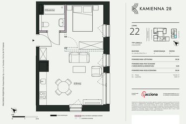 Rzut - Mieszkanie na sprzedaż 1 pokój o powierzchni 39,36 m² - numer 4.22 w Kamienna 28 - apartamenty inwestycyjne