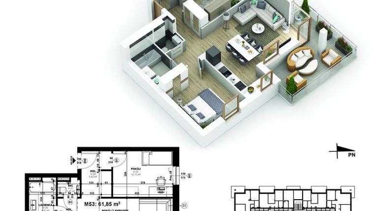 Rzut - Mieszkanie na sprzedaż 3 pokoje o powierzchni 61,85 m² - numer 53 w Piano Park etap V
