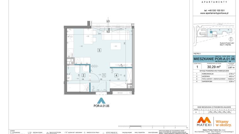 Rzut - Mieszkanie na sprzedaż 1 pokój o powierzchni 30,29 m² - numer A.01.06 w Apartamenty Portowa