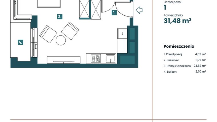 Rzut - Mieszkanie na sprzedaż 1 pokój o powierzchni 30,9 m² - numer M305 w Sea Breeze