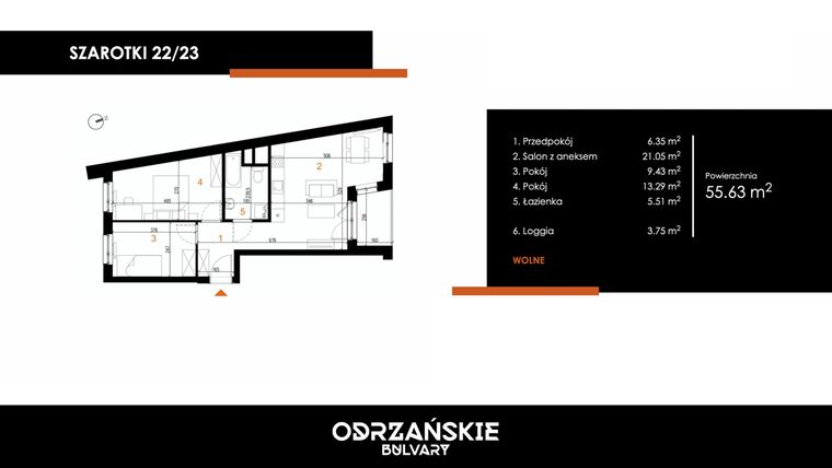 Rzut - Mieszkanie na sprzedaż 3 pokoje o powierzchni 55,63 m² - numer 22/23 w Odrzańskie Bulvary