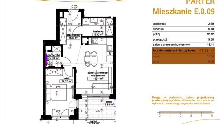 Rzut - Mieszkanie na sprzedaż 2 pokoje o powierzchni 47,32 m² - numer E.0.09 w Wzgórze Poetów 2