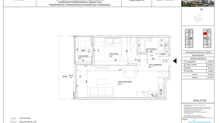 Rzut - Mieszkanie na sprzedaż 2 pokoje o powierzchni 43,13 m² - numer M-25 w Apartamenty Konopnickiej