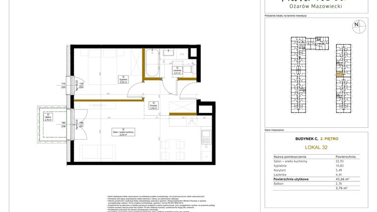 Rzut - Mieszkanie na sprzedaż 2 pokoje o powierzchni 43,66 m² - numer 32 w Aura Nova etap II