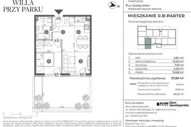 Rzut - Mieszkanie na sprzedaż 2 pokoje o powierzchni 37,89 m² - numer 0.B w Willa przy parku