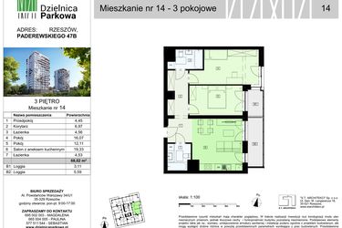 Rzut - Mieszkanie na sprzedaż 3 pokoje o powierzchni 68,02 m² - numer 14/B7 w Dzielnica Parkowa VII