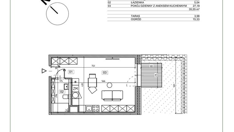 Rzut - Mieszkanie na sprzedaż 1 pokój o powierzchni 35,55 m² - numer I.M01 w Osiedle Glivia Zachodnia
