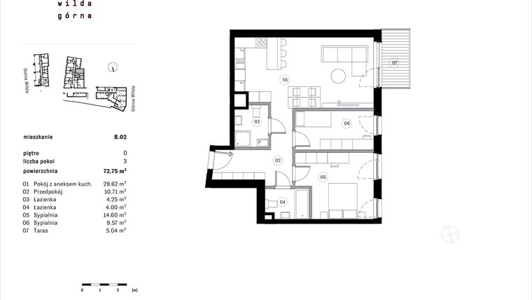 Rzut - Mieszkanie na sprzedaż 3 pokoje o powierzchni 72,75 m² - numer B.02 w Dolna Górna Wilda