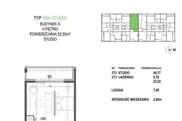 Rzut - Mieszkanie na sprzedaż 1 pokój o powierzchni 52,55 m² - numer M9A.P3 w Apartamenty Żorska