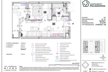 Rzut - Mieszkanie na sprzedaż 2 pokoje o powierzchni 37,64 m² - numer 21 w Apartamenty Poligonowa etap 5