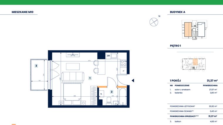 Rzut - Mieszkanie na sprzedaż 1 pokój o powierzchni 31,37 m² - numer M10 w Reneta