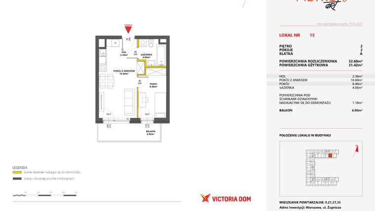 Rzut - Mieszkanie na sprzedaż 2 pokoje o powierzchni 32,6 m² - numer 15 w Metro Art 6