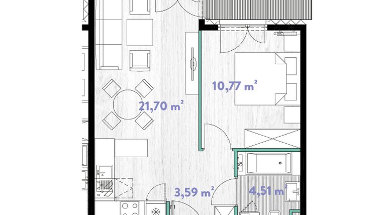 Rzut - Mieszkanie na sprzedaż 2 pokoje o powierzchni 40,52 m² - numer A.02.12 w Do Wilgi