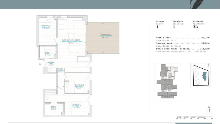 Rzut - Mieszkanie na sprzedaż 3 pokoje o powierzchni 81 m² - numer 1.3B w Talasa Caelus -  Denia