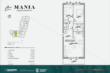 Rzut - Mieszkanie na sprzedaż 3 pokoje o powierzchni 72,44 m² - numer 7 w MANIA Apartamenty