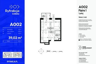 Rzut - Mieszkanie na sprzedaż 1 pokój o powierzchni 39,02 m² - numer A002 w Dyfrakcja Łódzka
