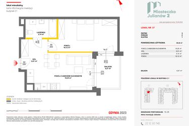 Rzut - Mieszkanie na sprzedaż 2 pokoje o powierzchni 48,52 m² - numer 37 w Miasteczko Julianów etap 2