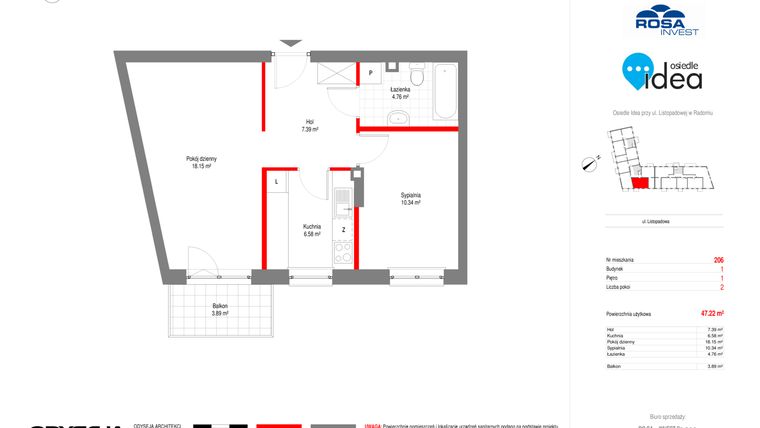 Rzut - Mieszkanie na sprzedaż 2 pokoje o powierzchni 47,22 m² - numer 206 w Osiedle IDEA