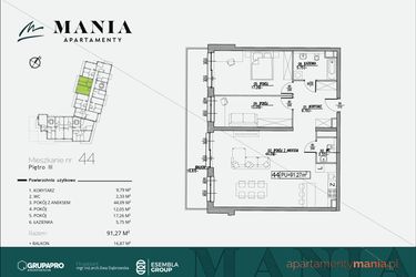 Rzut - Mieszkanie na sprzedaż 3 pokoje o powierzchni 91,27 m² - numer 44 w MANIA Apartamenty