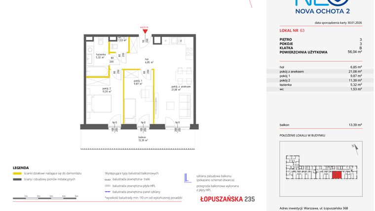 Rzut - Mieszkanie na sprzedaż 3 pokoje o powierzchni 55,93 m² - numer 63 w Neo Nova Ochota 2