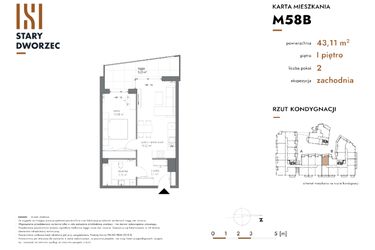 Rzut - Mieszkanie na sprzedaż 2 pokoje o powierzchni 43,11 m² - numer M 58B w Stary Dworzec