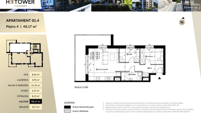 Rzut - Mieszkanie na sprzedaż 3 pokoje o powierzchni 48,17 m² - numer Hi 01.4 w Hi Tower