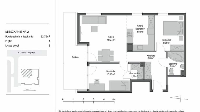 Rzut - Mieszkanie na sprzedaż 3 pokoje o powierzchni 62,75 m² - numer 2 w Żwirki i Wigury 43
