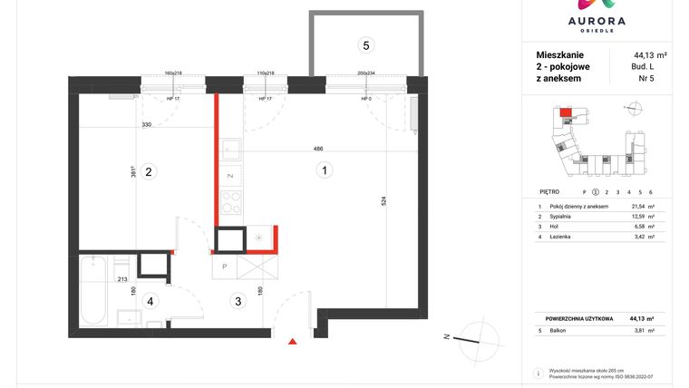 Rzut - Mieszkanie na sprzedaż 2 pokoje o powierzchni 44,13 m² - numer L-5 w Osiedle Aurora - bud. L