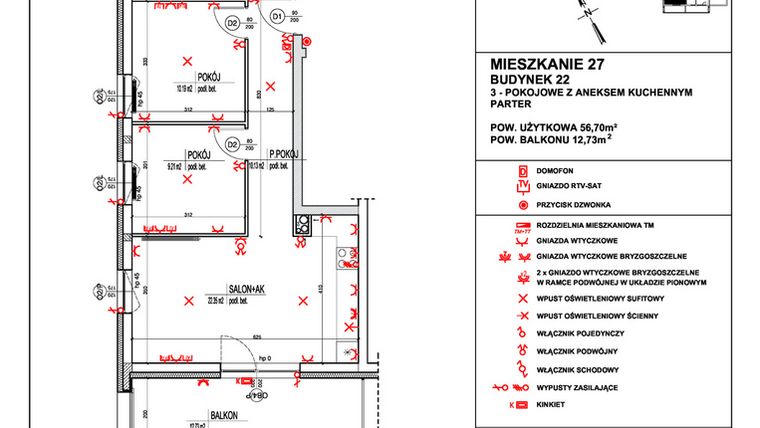 Rzut - Mieszkanie na sprzedaż 3 pokoje o powierzchni 56,7 m² - numer 27 w Osiedle 4 Pory Roku - Etap VIII