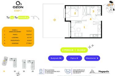 Rzut - Mieszkanie na sprzedaż 2 pokoje o powierzchni 35,54 m² - numer 34.8 w Osiedle Ozon etap VII