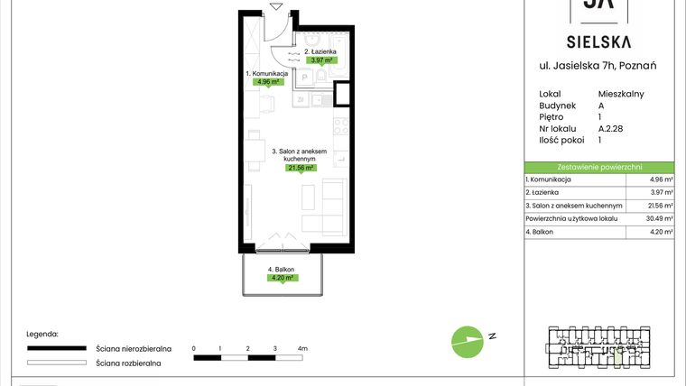 Rzut - Mieszkanie na sprzedaż 1 pokój o powierzchni 30,49 m² - numer A.2.28 w JA_SIELSKA V