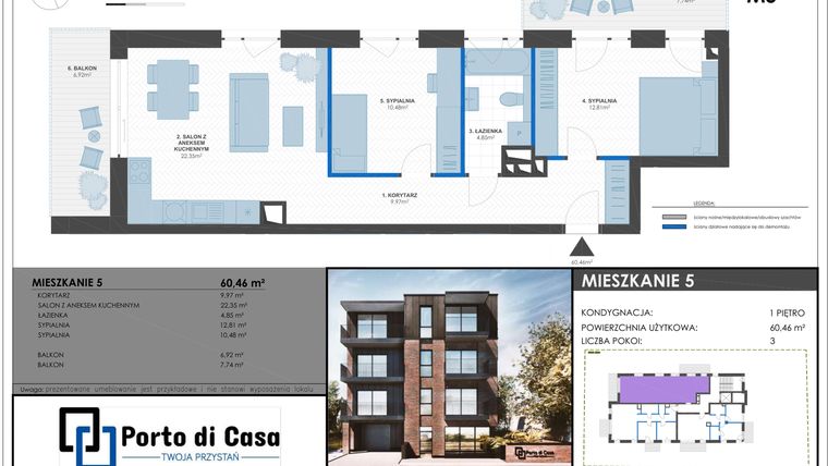 Rzut - Mieszkanie na sprzedaż 3 pokoje o powierzchni 60,46 m² - numer M5 w Porto di Casa - Twoja przystań