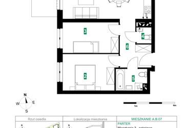 Rzut - Mieszkanie na sprzedaż 3 pokoje o powierzchni 62,74 m² - numer A.B.07 w Park Śliwowa