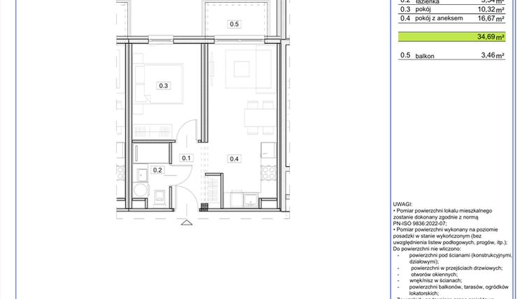 Rzut - Mieszkanie na sprzedaż 2 pokoje o powierzchni 34,69 m² - numer B.12 w EcoBerensona II