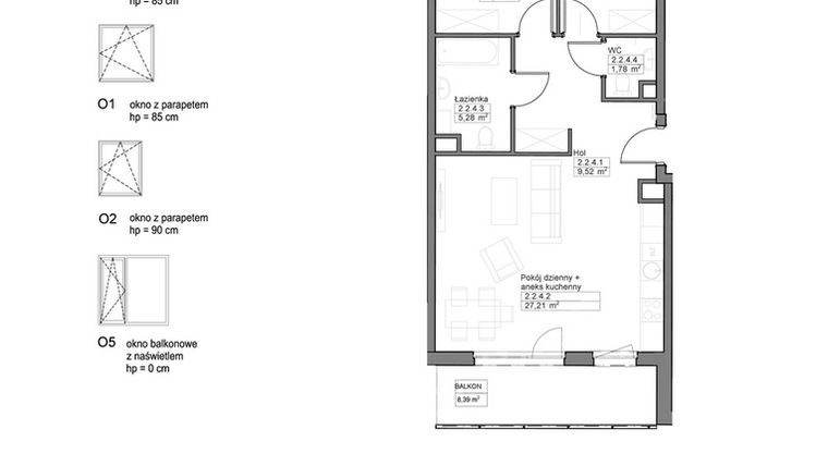 Rzut - Mieszkanie na sprzedaż 3 pokoje o powierzchni 64,21 m² - numer B.2.2.4 w Optima VIII