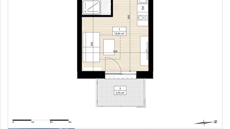 Rzut - Mieszkanie na sprzedaż 1 pokój o powierzchni 19,75 m² - numer B3/1/19 w Montano bud. B3 - apartamenty inwestycyjne