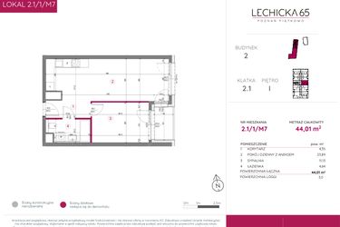 Rzut - Mieszkanie na sprzedaż 2 pokoje o powierzchni 44,01 m² - numer 2.1/1/M7 w Lechicka 65