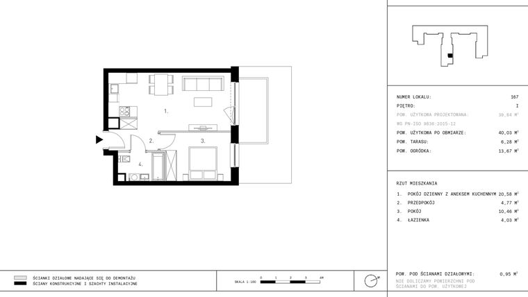 Rzut - Mieszkanie na sprzedaż 2 pokoje o powierzchni 40,03 m² - numer 1.A35 w Staszica 3