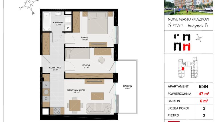 Rzut - Mieszkanie na sprzedaż 3 pokoje o powierzchni 47,04 m² - numer B084 w Nowe Miasto Pruszków