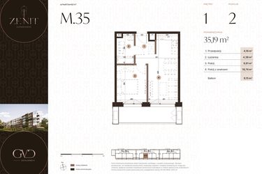 Rzut - Mieszkanie na sprzedaż 2 pokoje o powierzchni 35,19 m² - numer M35 w Zenit Głowackiego