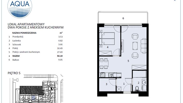 Rzut - Mieszkanie na sprzedaż 2 pokoje o powierzchni 49,01 m² - numer F507 w Polanki Aqua - budynek E i F